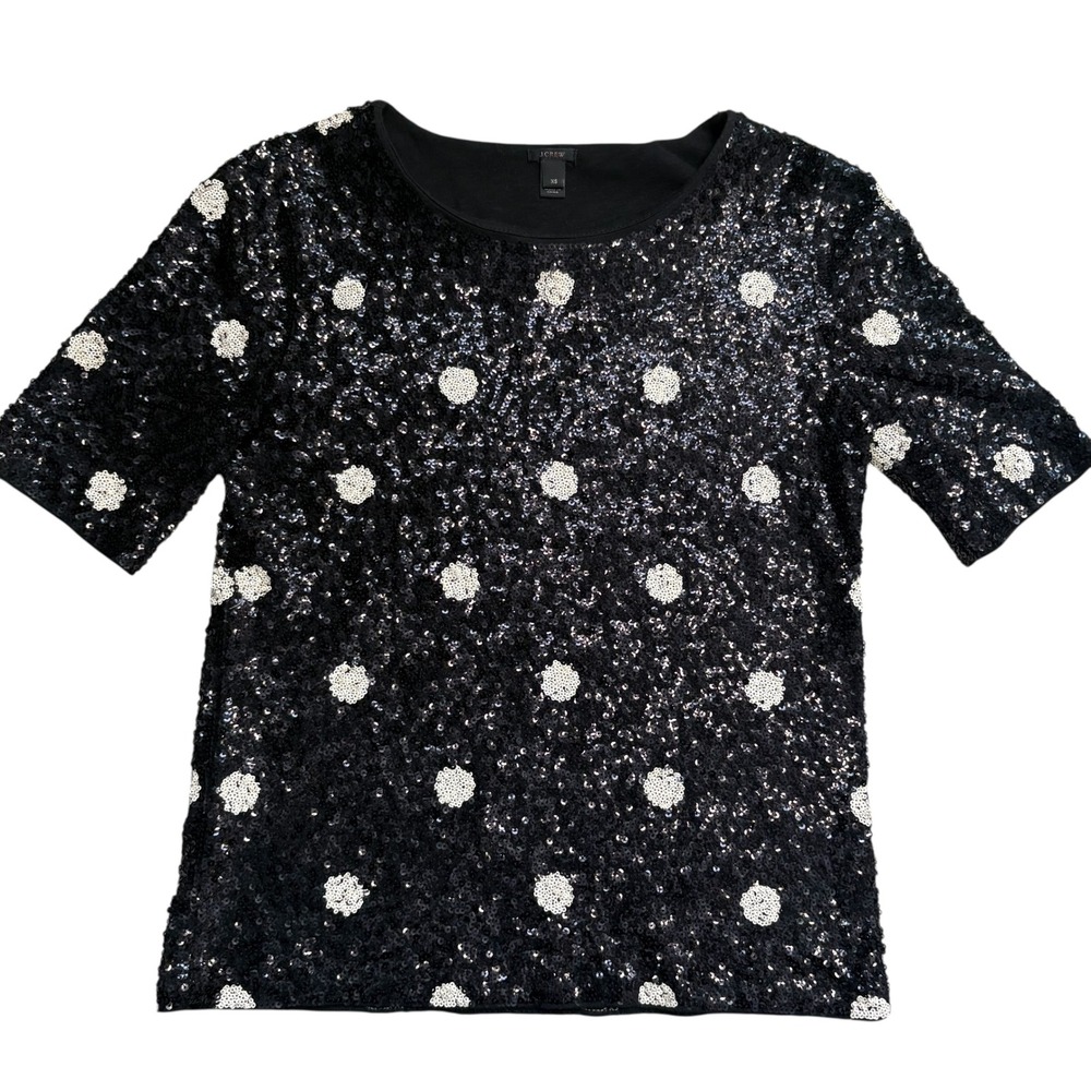 J.‎ Crew Black Sequin Polka Dot Short Sleeve Top Cotton Tee XS 28614 HO12